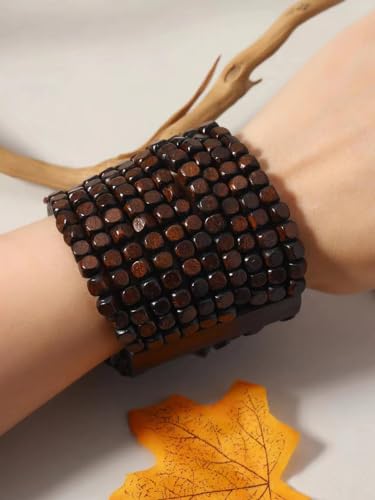 Stretch Wooden Beads Cuff Bracelets Multi Layered Natural Wood Beads Chunky Bangle Wooden Handmade Wide Bracelets Bohemia Jewelry for Women Men - color: A