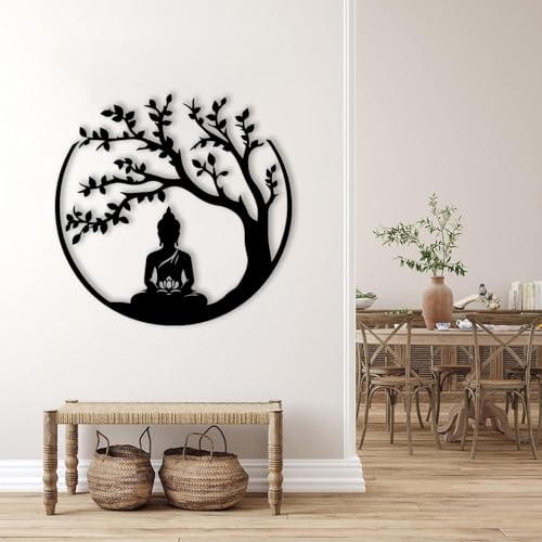 Idadey Tree of Life and Buddha Metal Wall Decor, Meditation Hindu Wall Decor, Zen Metal Wall Art, Yoga Studio & Spiritual Spaces (Black, 18"x18") - color: Black, size: 18"L x 18"W