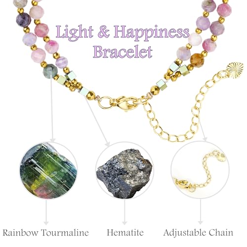 Farfume Beaded Bracelets for Women, Chakra Crystal 4mm Beads Gemstone Natural Stone Bead Spiritual Jewelry Gifts for Women - color: Rainbow Tourmaline-Happiness