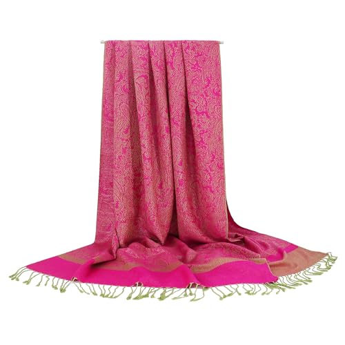 Silky Paisley Pashmina Shawl Scarf-Women's Soft Double-side Jacquard Pashminas Wrap for Evening Dress Travel Shawl - color: A-hot Pink/Green