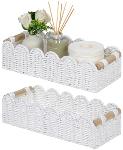 CubesLand Bathroom Basket Organizer, Toilet Tank Paper Storage Baskets 2-Pack, Scalloped Decorative Basket for Countertop w/Handle, Wicker Basket for Bathroom Decor, Home Decor, Living Room, White - color: White