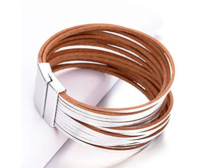 Fesciory Leather Wrap Bracelets for Women, Boho Leopard Multi-Layer Crystal Beads Cuff Bracelet Jewelry - color: B13:Short Silver