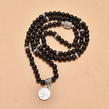 Tree of Life Charm Bracelet or Necklace - 108 Buddha Beads, Handmade Mala Meditation Jewelry, Prayer Beads for Yoga - style: Black Agate