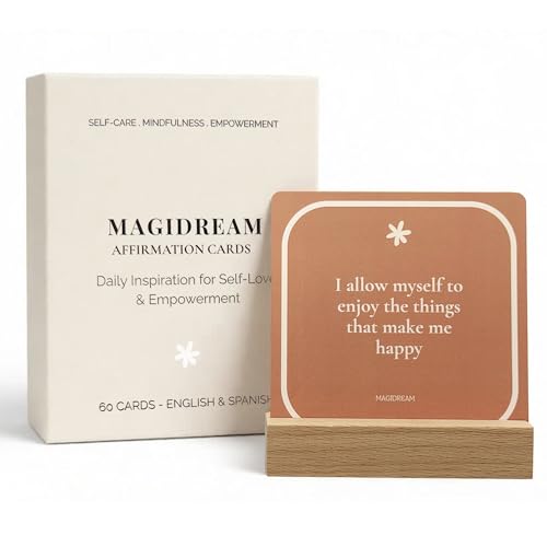 Positive Affirmation Cards, 60 Daily Affirmations with Display Stand, Self-Care and Mindfulness Cards, English on One Side and Spanish on the Other, Mindful Desk Decor and Inspirational Gift - MAGIDREAM