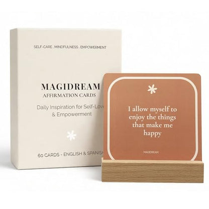 Positive Affirmation Cards, 60 Daily Affirmations with Display Stand, Self-Care and Mindfulness Cards, English on One Side and Spanish on the Other, Mindful Desk Decor and Inspirational Gift - MAGIDREAM