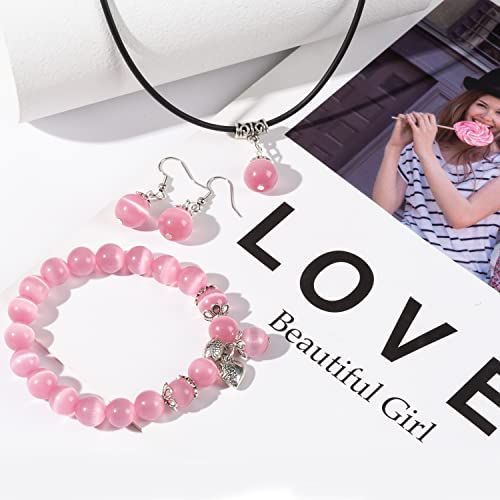 Natural Stretch Gemstone Bracelet Healing Stone Beaded Bracelets for Women Men Gifts (Unisex) - color: Pink 3pc