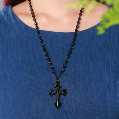 Black Obsidian Necklace Protection Pendant with Extended Bead Chain Healing Crystal Stone Amulet Necklace for Men Women - color: CrossA