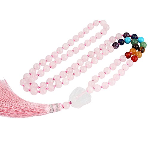 SUNYIK 7 Chakra Stone Buddhist Bracelet,Paryer Beads Necklace Strand for Meditation,Rose Quartz
