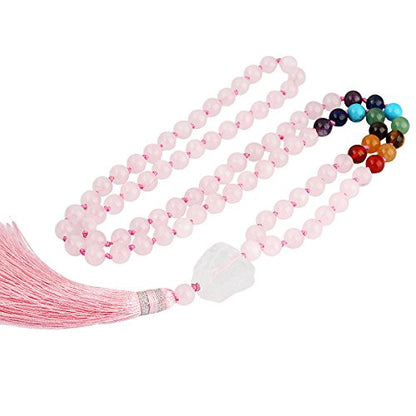 SUNYIK 7 Chakra Stone Buddhist Bracelet,Paryer Beads Necklace Strand for Meditation,Rose Quartz