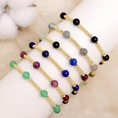 Gold Beaded Stack Bracelets for Women, Handmade Colorful Natural Beads Stackable Stretch Bracelet Everyday Fashion Jewelry Gift. - color: green gold