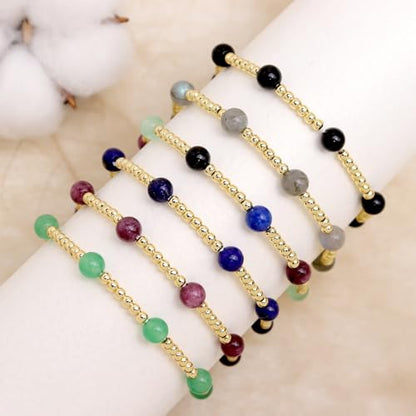 Gold Beaded Stack Bracelets for Women, Handmade Colorful Natural Beads Stackable Stretch Bracelet Everyday Fashion Jewelry Gift. - color: green gold