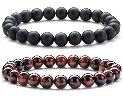 Men Women 8mm Natural Stone Lava Rock Diffuser Bracelet Elastic Yoga Agate Beads Bracelet Bangle - color: Set 6