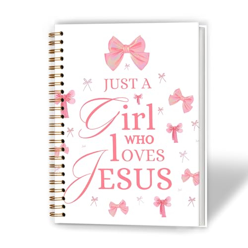 XUNLURY Coquette Pink Bow Christian Jesus Notebook, Christian Journal Gifts for Women, Just a Girl Who Loves Jesus Religious Prayer Journal, Bible Study Hardcover Spiral Notebooks, 5.5x8.3 Inch - color: Color_F