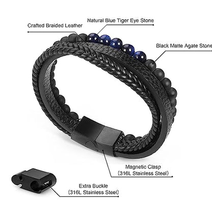 FOCOOG Leather Bead Bracelets for Men, Natural Tiger Eye Lava Rock Stone Bead Magnetic Clasp Adjustable Leather Bracelets Stress Relief Mens Anxiety Bracelet Mens Jewelry Gifts - style: Blue Leather-Matte Agate&Blue Tiger Eye