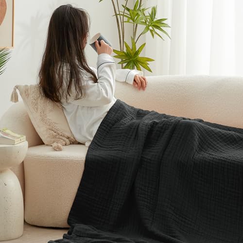 Love's cabin 100% Cotton Muslin Blanket, 6 Layer Lightweight Breathable Gauze Throw Blanket 50 x 60 Inches, Soft All Season Blanket for Couch, Bed, Sofa, Black - color: Black, size: Throw(50"x60")