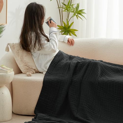 Love's cabin 100% Cotton Muslin Blanket, 6 Layer Lightweight Breathable Gauze King Size Blanket 108 x 90 Inches, Soft Summer Blanket for Bed, Black - color: Black, size: King(108"x90")