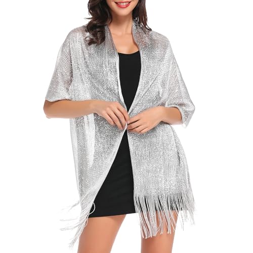 vimate Sparkling Metallic Shawls and Wraps for Evening Party/Wedding/Formal Dresses (With Free Buckle) - color: A#. Silver (With Silver Buckle)