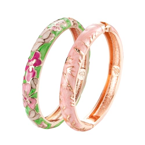 UJOY Classic Cloisonne Bracelets Enamel Jewelry Plated Bamboo Flower Cuff Metal Bangle for Women Gift Box - color: A100-Flower-Green and Pink