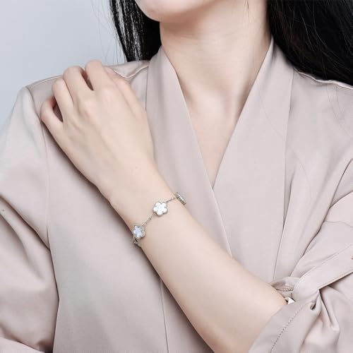 FLY FEI 18K Gold-Plated Four Leaf Clover Bracelet for Women,Adjustable lucky Bracelet Set Jewelry Gift-Hypoallergenic Charm for Birthdays, Wellness & Daily Wear - color: style02-White(silvery)