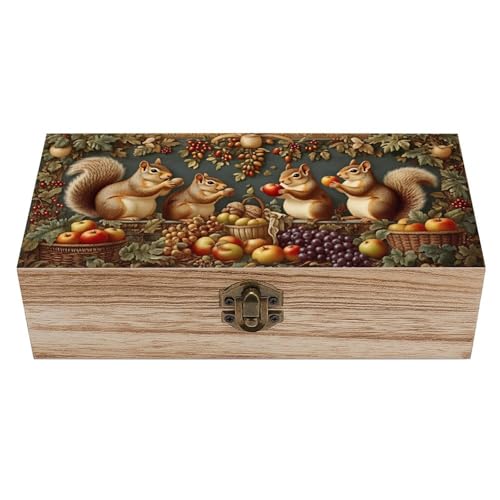 Squirrel Fruit Vintage Wooden Storage Box with Hinged Lid – Rustic Natural Wood Keepsake Box for Jewelry, Trinkets, And Photos – Decorative Small Chest Organizer (7.9" X 3.9" X 2.3") - color: black-9