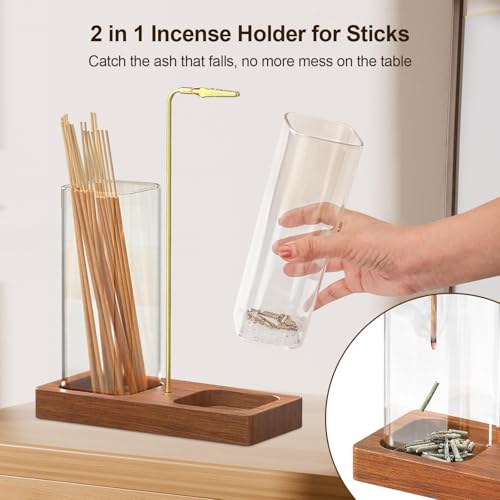 2 in 1 Incense Holder & Upside Down Burner with 7.8" & 5.9" Glass Jars, Ash Catcher & Storage for Sticks, Wooden Bakhoor Burner for Yoga Meditation Home Decor, Includes 20 Incense Sticks & Brush