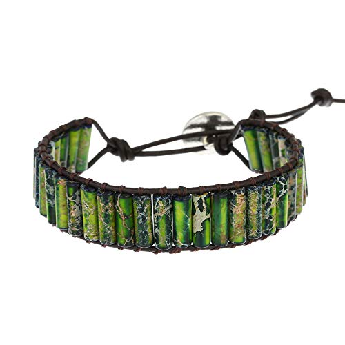 Plumiss Women Boho Handmade Natural Stone Crystal Leather Bead Wrap Bracelets Collection - style: Green Jasper 1W