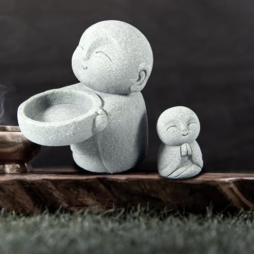 Buddha Sandstone Statues 2pcs, Jizo Monk and Prayer Monk Figurines Zen Monk Sculptures Ornament for Wealth Good Luck Garden Home Office Car Decor