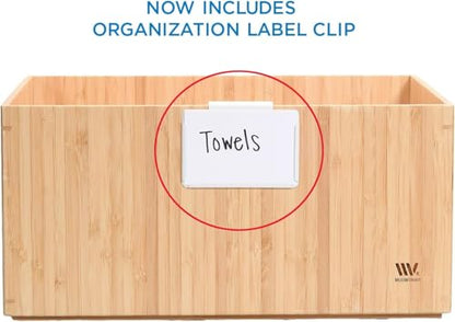 MobileVision Bamboo Storage Box, 12”x 9”x 6”, Durable Bin w/ Handles, Stackable - For Toys Bedding Clothes Baby Essentials Arts & Crafts Closet & Office Shelf With (White Clip Included)