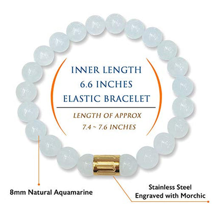 Morchic 8mm Genuine Gemstone Stretch Bracelet for Women Men Unisex, Natural Energy Crystal Stone Beads, Classic Simple Design Cuff Birthday Gift 7.5 Inch - color: Aquamarine