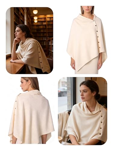 Women's Versatile Knitted Shawls Scarf Poncho Sweater Capes with Buttons Lightweight Spring Summer Fall Winter Wraps - color: Beige