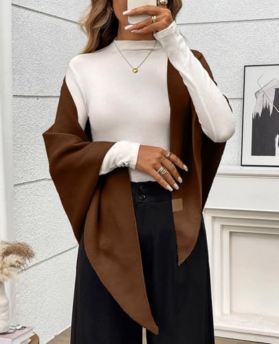 Womens Knitted Shawl Wraps Casual Solid Color Cape Scarf Comfortable Triangle Pashmina Shoulder Sweater - color: Coffee