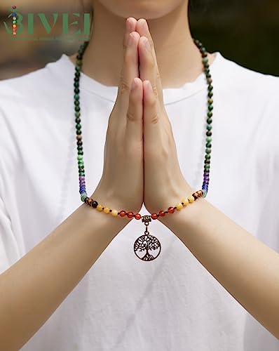 Bivei 7 Chakra 108 Mala Beads Bracelet Real Gemstone Yoga Meditation Hand Knotted Mala Prayer Bead Necklace - size: 6mm, style: Life Tree - African Turquoise