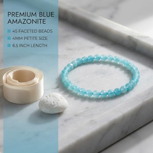 Angelstones Natural Gemstone Small Beaded Stretch Bracelet, 4mm Faceted Round Beads, Crystal Healing Bracelet for Women - color: Brazilian Blue Amazonite