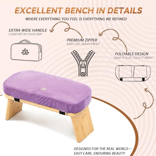Meditation Bench, Bamboo Meditation Stool, Folding Kneeling Meditation Bench, Seiza Prayer Bench, Prayer Bench with Meditation Cushion, Kneeling Stool(Purple-Bag) - color: Purple-bag