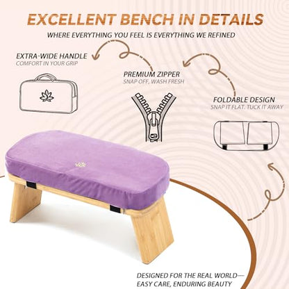 Meditation Bench, Bamboo Meditation Stool, Folding Kneeling Meditation Bench, Seiza Prayer Bench, Prayer Bench with Meditation Cushion, Kneeling Stool(Purple-Bag) - color: Purple-bag
