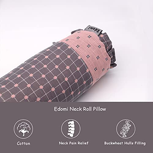 Round Neck Buckwheat Pillow, Neck Support Cervical Pillow for Side and Back Sleepers with Removable Washable Cover (16x4 inch, Grey&Pink) - color: Grey&pink