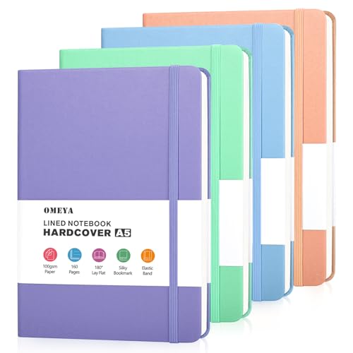 OMEYA 4 Pack Lined Journal Notebooks for Work, Leather Journal for Writing, 100gsm Thick Paper, 5.7"x 8.3", Hardcover Notebook Bulk, A5 Notebooks for School, Office, Notebooks for Notes-taking - color: 4 Pack Multicolor-1