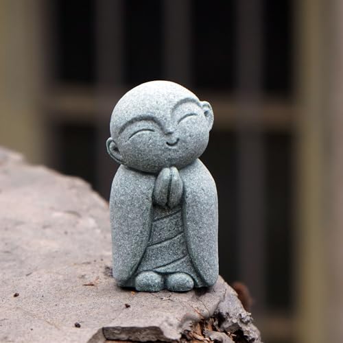 OwMell Japanese Jizo Monk Statue, Buddha Jizo Figurine Memorial Aquarium Statue Ornament - Tilt Smile - color: Tilt Smile Stone