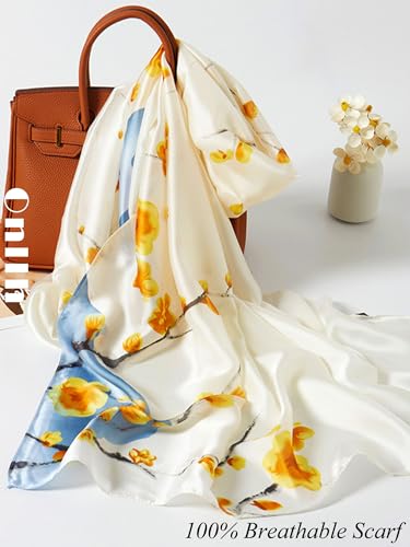 Large Shawl Scarf For Women Lightweight Wraps Silky Headscarf Long Sunscreen Scarfs - color: T2 White Blue Flower / 70"x 35"