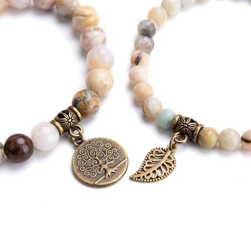 Bivei Natural Semi Precious Gemstone beads bracelet for women - Life Tree and Leaf Charm Energy Reiki Crystal Stretch Bracelets - color: Amazonite Bracelet Set, size: Small:6.61-6.7inch