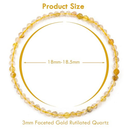 BONNY BOXX Natural Genuine Gemstone Faceted Round Beads Bracelets, 3mm Adjustable Stretchy Tiny Faceted Black Tourmaline Bracelet, Healing Crystal Reiki Chakra Dainty Jewelry Fashion Gifts - color: Gold Rutilated Quartz