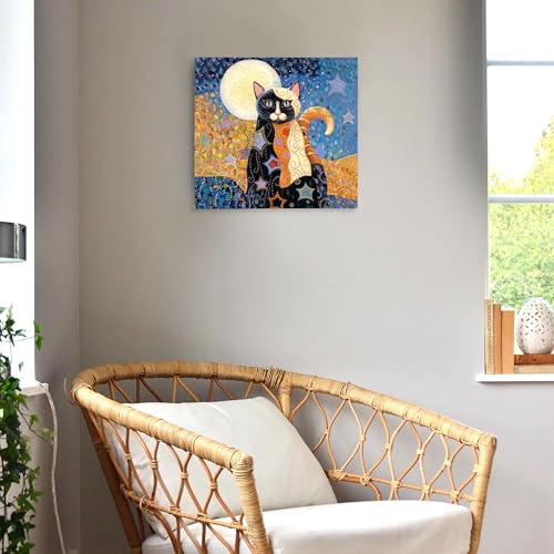 SiuSue Mystical Boho Cat Witchy Moon Star Canvas Wall Art Poster Prints Artwork Pictures Framed for Home Kids Room Bedroom Living Room Meditation Room, 12x12 Inch - color: Cat-2