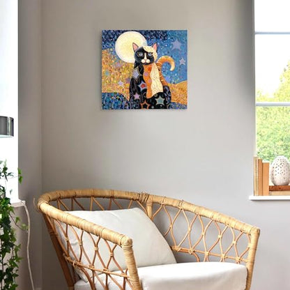 SiuSue Mystical Boho Cat Witchy Moon Star Canvas Wall Art Poster Prints Artwork Pictures Framed for Home Kids Room Bedroom Living Room Meditation Room, 12x12 Inch - color: Cat-2