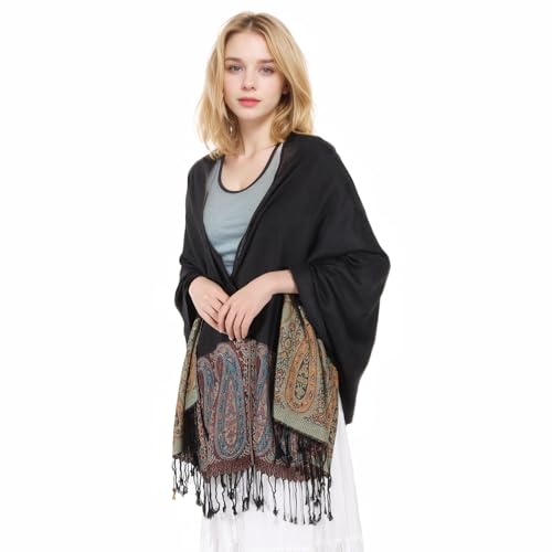 MUQU Women Pashmina Shawls and Wraps Scarf Soft Silky Reversible Paisley Scarves Shawl for Women - color: Black-b