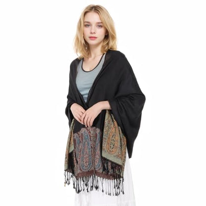 MUQU Women Pashmina Shawls and Wraps Scarf Soft Silky Reversible Paisley Scarves Shawl for Women - color: Black-b