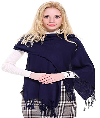 CJ Apparel Solid Color Tassels Design Nepalese Shawl Scarf Wrap Stole Throw Head Wrap Pashmina Gift Hand Made in Nepal New - color: Dark Blue