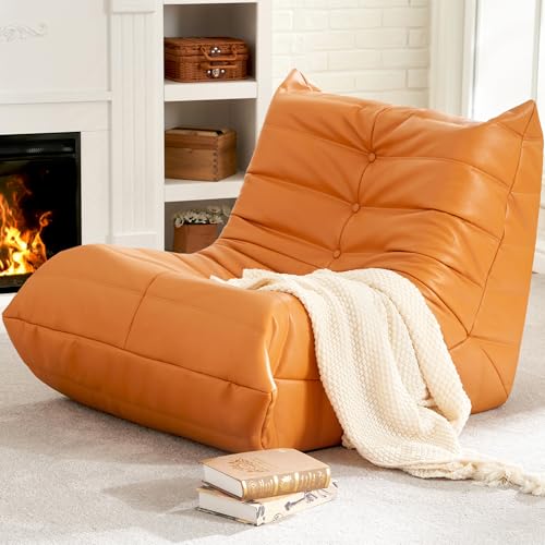 Hobestluk Giant Bean Bag Chair Lazy Floor Sofa, Memory Foam Fireside Sofa for Adults, Big Beanbag Faux Leather Armless Chair for Living Room Bedroom Dorm Office (Orange, Single) - color: Orange, size: Single