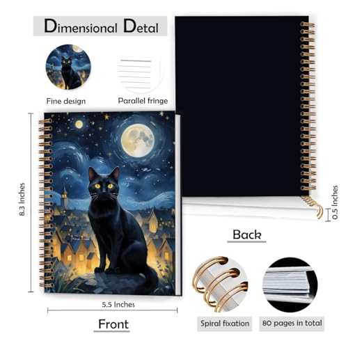 Starry Night Black Cat Notebook, Black Cat Lover Gifts Journal, Mystical Celestial Witchy Journal, Whimsical Moon Star Sky Kitten Hardcover Spiral Notebooks, 5.5x8.3 Inch - color: Color_3