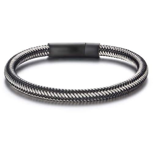 Men's Leather Bracelet, Stackable Stainless Steel Clasp Bracelets for Men Stylish Birthday, Thanksgiving, Valentine's Day Gift for My Man - style: 8.2" Silver and Black Cord