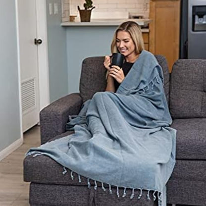 Stonewashed Turkish Throw Blanket - 100% Organic Turkish Cotton - 80" x 48" - Soft, Lightweight, Cozy - for Love Seat, Sofa, Picnic, Yoga - Sand Free Absorbent Beach Blanket - Denim - color: Large Denim (80" X 48")